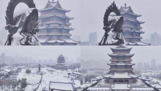 航拍武汉归元寺雪景大雪佛像雕像古刹历史高清在线视频素材下载