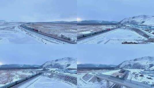 一列绿皮火车行驶在风雪中高清在线视频素材下载