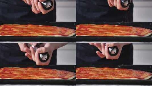 披萨制作撒黑胡椒高清在线视频素材下载
