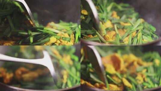 （慢镜）家常菜韭菜炒蛋烹饪高清在线视频素材下载