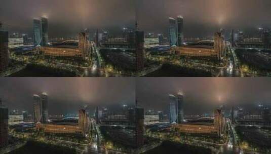 杭州奥体中心 杭州之门 夜景 云海 延时高清在线视频素材下载