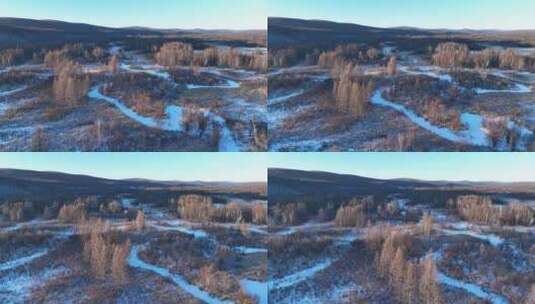 鸟瞰大兴安岭冻土森林湿地雪景高清在线视频素材下载