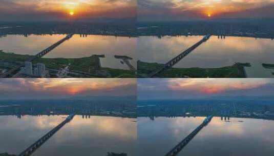 日落下的高铁跨江大桥来往的列车航拍延时高清在线视频素材下载