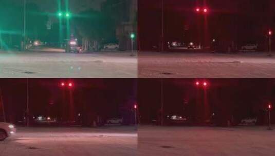深夜街头结冰路面十字路口行车高清在线视频素材下载