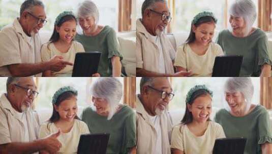 家，祖父母和女孩与平板电脑，放松和幸福与高清在线视频素材下载