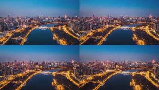 中国辽宁沈阳浑河南京桥夜景航拍高清在线视频素材下载