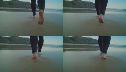 女孩，散步，海滩，脚印高清在线视频素材下载