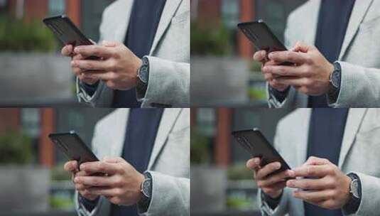 城市中的人、手和电话，用于商务、沟通和检高清在线视频素材下载