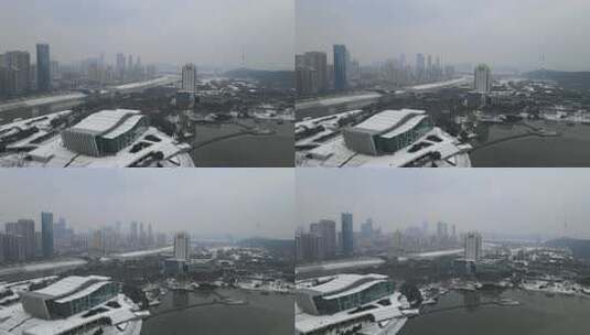 武汉汉阳区琴台大剧院雪景航拍高清在线视频素材下载