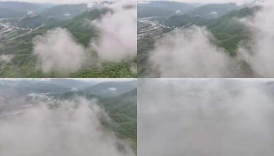 雨过天晴后云雾缭绕的山川河流村落高清在线视频素材下载