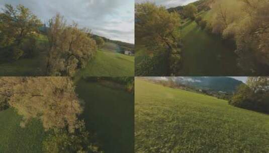 在树林和田野上空驾驶无人机高清在线视频素材下载