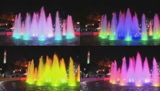 广场五颜六色的喷泉高清在线视频素材下载