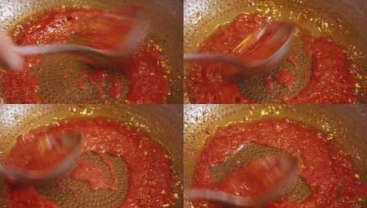 平底锅番茄酱炒制糖醋番茄底料高清在线视频素材下载