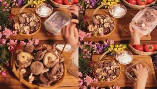 【镜头合集】面粉饭盒清洗香菇的方法高清在线视频素材下载