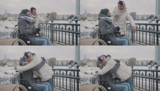 女人拥抱她的残疾男朋友高清在线视频素材下载