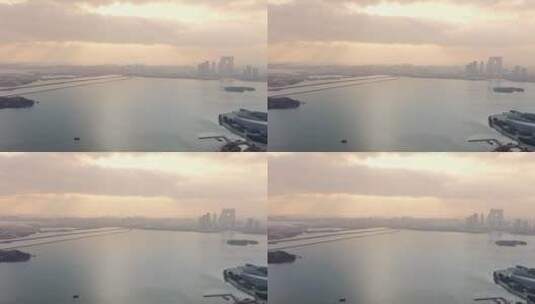 苏州金鸡湖日落风光著名城市建筑东方之门高清在线视频素材下载
