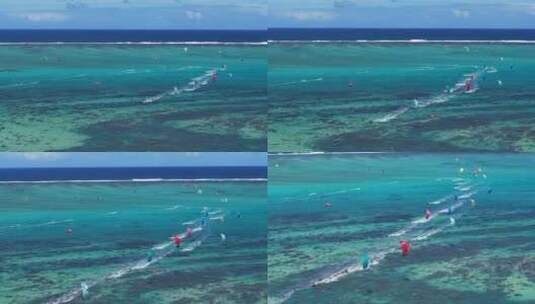 航拍海上风筝冲浪竞速比赛高清在线视频素材下载