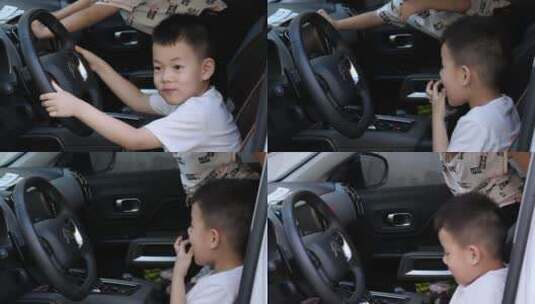 孩子坐在汽车驾驶座上假装开车游戏高清在线视频素材下载