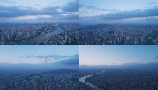 广州珠江岸城市建筑群夕阳晚霞航拍全景高清在线视频素材下载