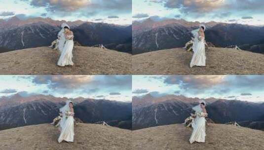 枯黄草原雪山高山美女拍写真婚纱高清在线视频素材下载