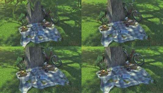 树荫下草坪野餐三维动画高清在线视频素材下载