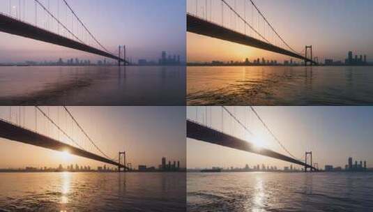 宏伟壮观武汉鹦鹉洲长江大桥日出延时高清在线视频素材下载