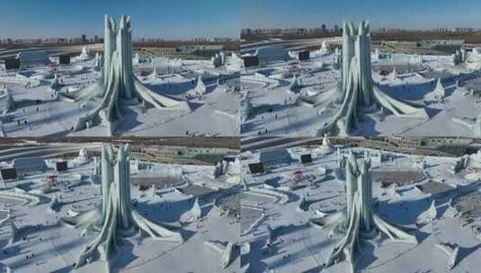 原创 哈尔滨冰雪大世界冰雕航拍景观高清在线视频素材下载