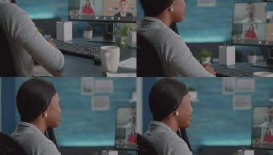 黑人学生与大学团队讨论沟通理念进行在线电话会议高清在线视频素材下载