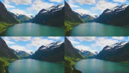 挪威，山脉，北极湖，无人机景观，美丽的风景高清在线视频素材下载