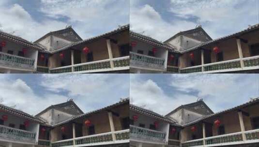 风景中国民俗古建筑客家围龙屋外围角楼天空高清在线视频素材下载