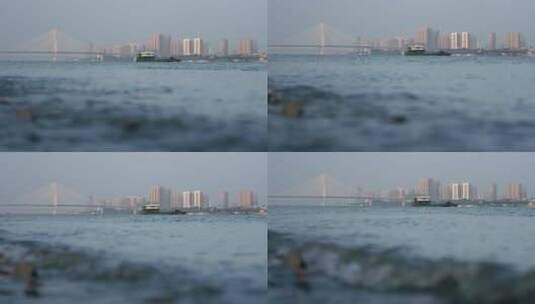 武汉二七长江大桥远景货船江滩海平面角度高清在线视频素材下载