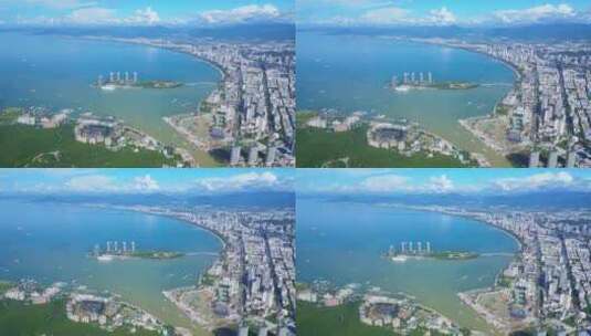 海南三亚城市蓝天白云建筑凤凰岛全景海岸线高清在线视频素材下载