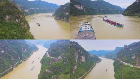 航拍长江三峡西陵峡轮船驶过高清在线视频素材下载
