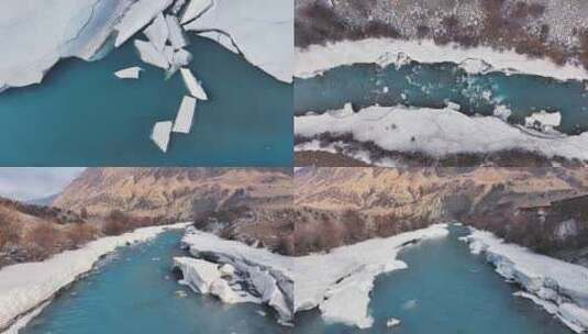 新疆昭苏玉湖冰面雪山峡谷航拍风景高清在线视频素材下载