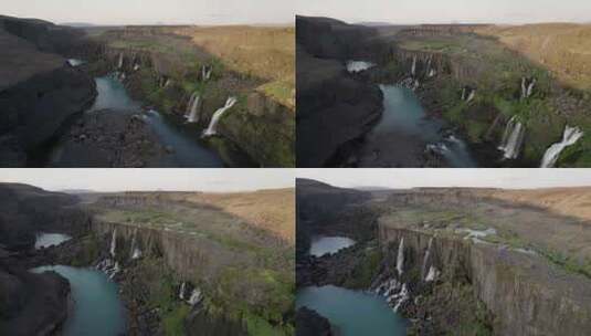 鸟瞰流经冰岛瀑布峡谷的河流。高清在线视频素材下载