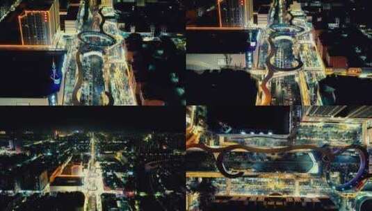 聊城天桥步行街夜景航拍高清在线视频素材下载