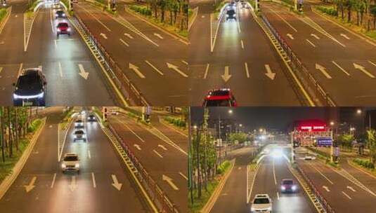 夜景道路三车道车流行驶隧道口快速路高清在线视频素材下载