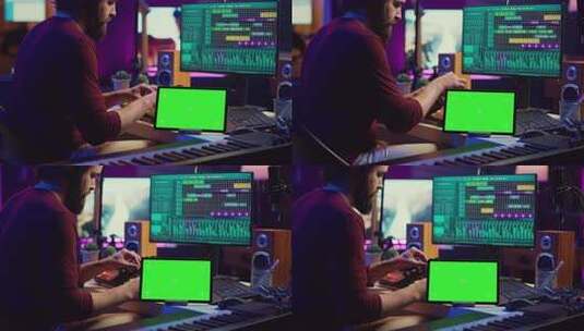 音乐家在带有电子控制台的家庭工作室中混合高清在线视频素材下载