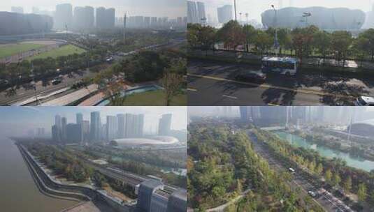 杭州城市建筑绿植公路航拍高清在线视频素材下载