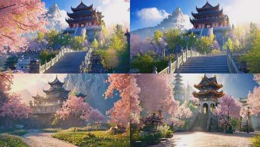 仙境般庭院殿阁 唯美治愈系风景 游戏场景高清在线视频素材下载