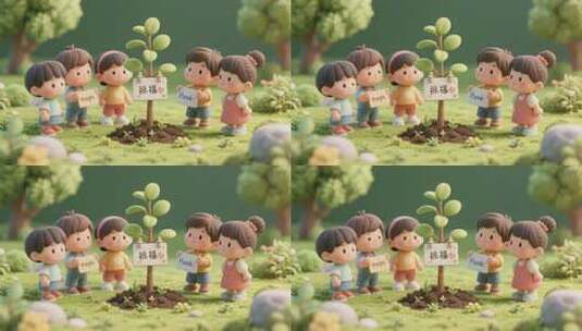 卡通儿童植树祝福场景高清在线视频素材下载