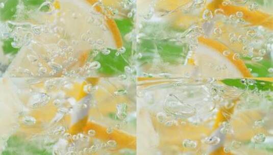 一片柠檬在气泡水中慢镜头高清在线视频素材下载