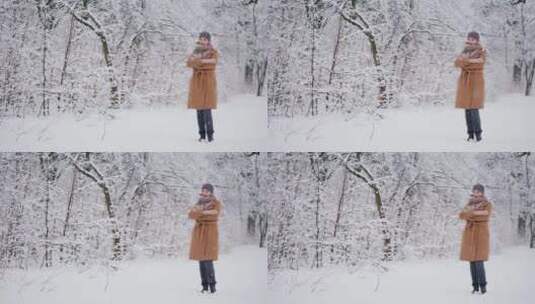 冬季女人站在公园赏景高清在线视频素材下载