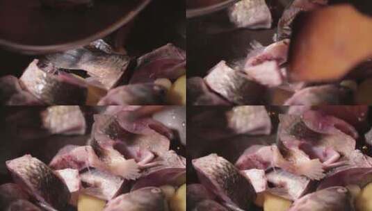 厨师煎鱼防粘锅炖鲫鱼汤高清在线视频素材下载