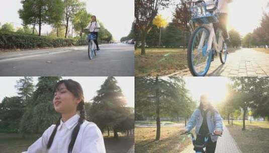 女孩在校园道路上骑自行车高清在线视频素材下载