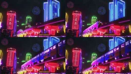 赛博朋克重庆城市夜景轻轨行驶特效合成视频高清在线视频素材下载