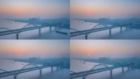 日出时刻的九江长江大桥航拍延时高清在线视频素材下载