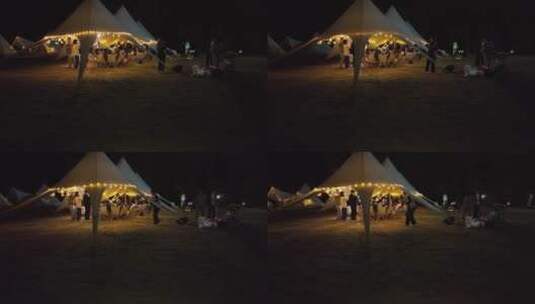 航拍夜晚露营营地烧烤聚会高清在线视频素材下载