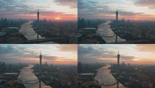 广州塔城市风光日出太阳从云中穿出的过程高清在线视频素材下载