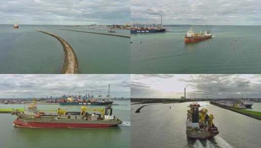 航拍货轮工程船进港口码头澳大利亚墨尔本高清在线视频素材下载